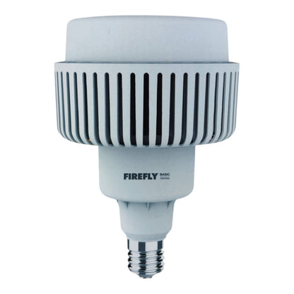 A Firefly Basic LED light bulb with a ribbed cylindrical heat sink design and a silver screw base, shown against a plain white background.