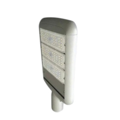 A modern LED street light fixture with a gray top housing and a white mounting pole, shown against a plain white background.
