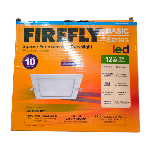 Firefly Basic Series LED square recessed downlight packaging on a white background