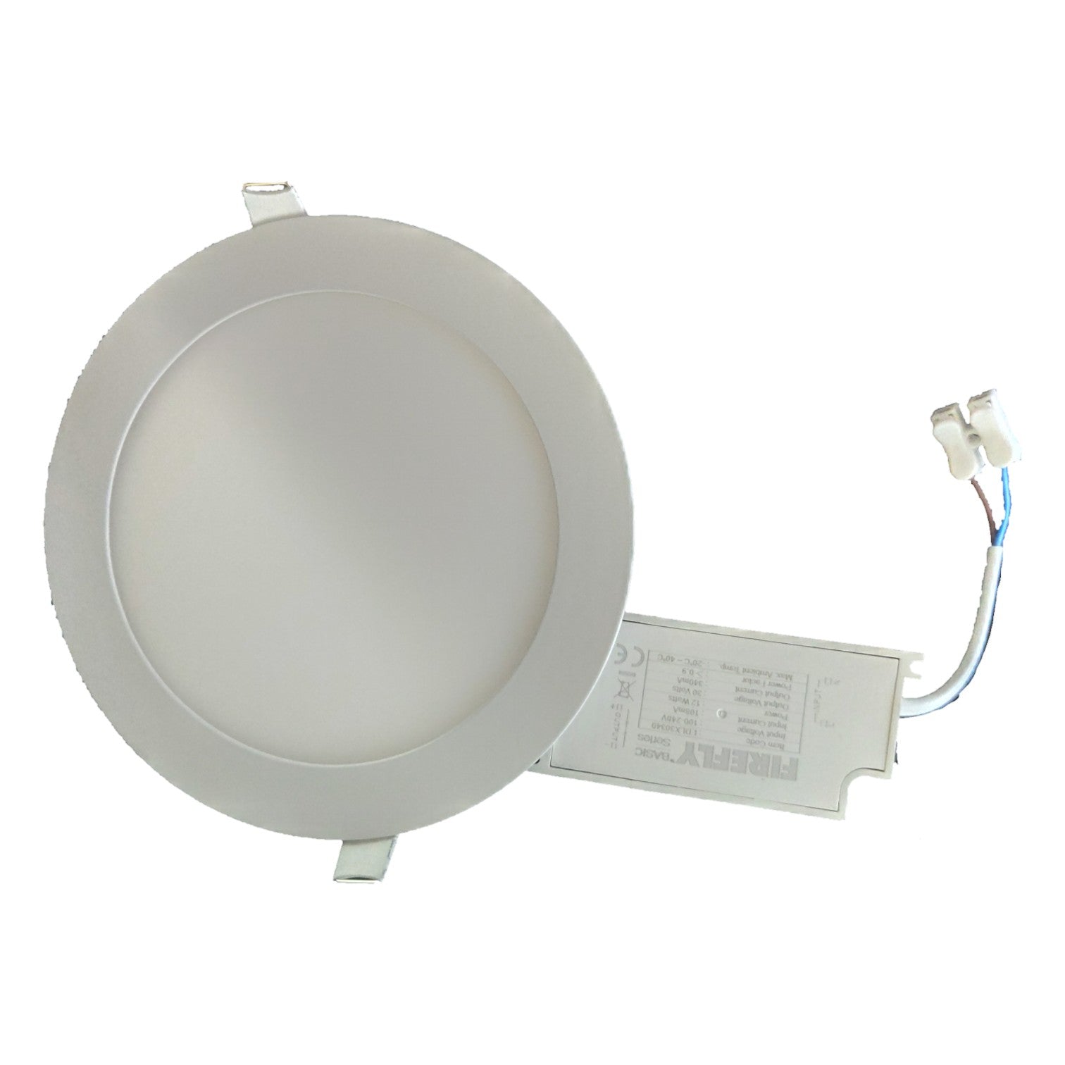 Round LED downlight with wiring on a white background
