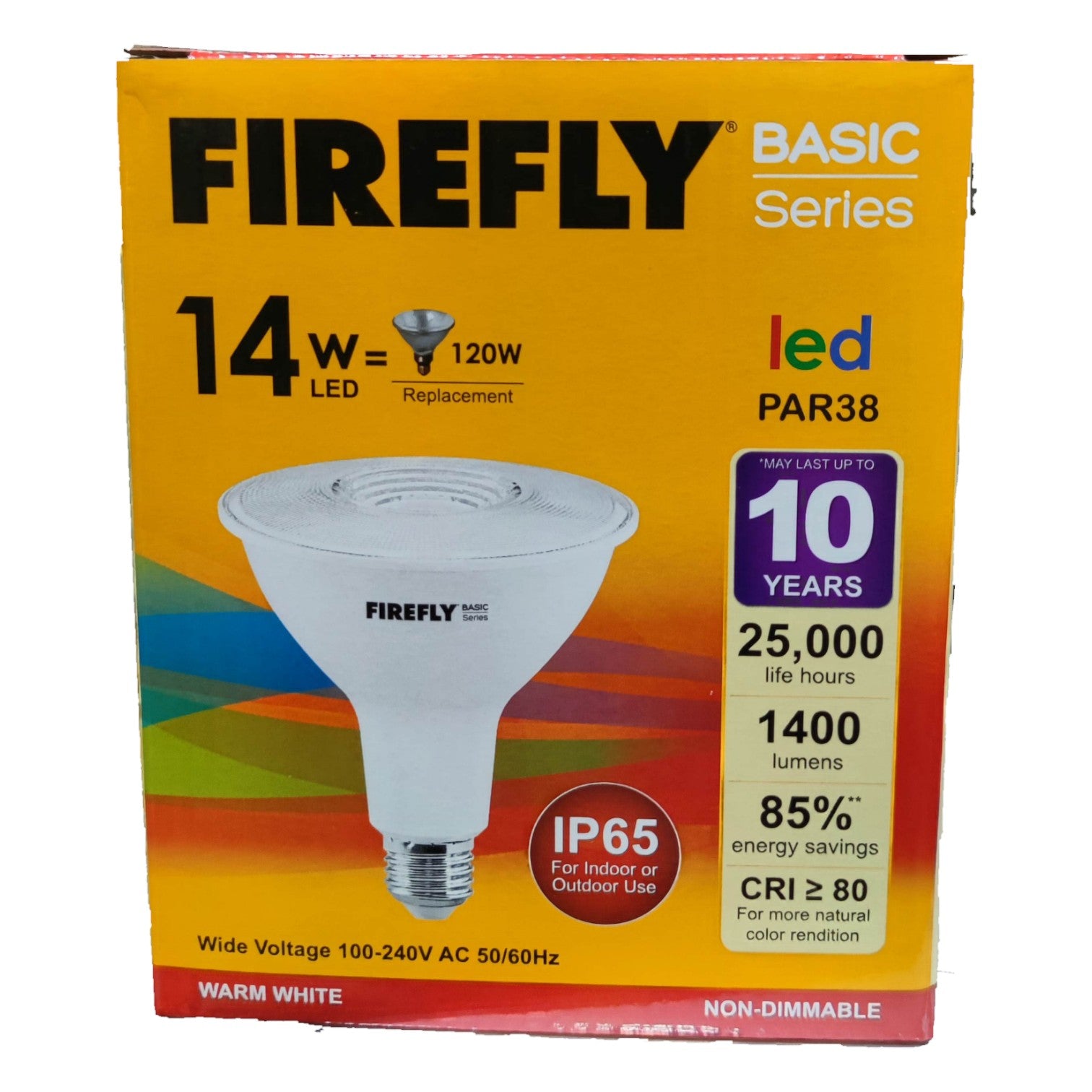 Firefly LED PAR38 bulb packaging with specifications on a white background