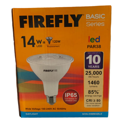 Firefly LED PAR38 bulb packaging with specifications on an orange background Firefly 14W LED PAR 38 E27 220V Available in Daylight (6500K) or Warm White (3000K) Electx Electrical SUpply