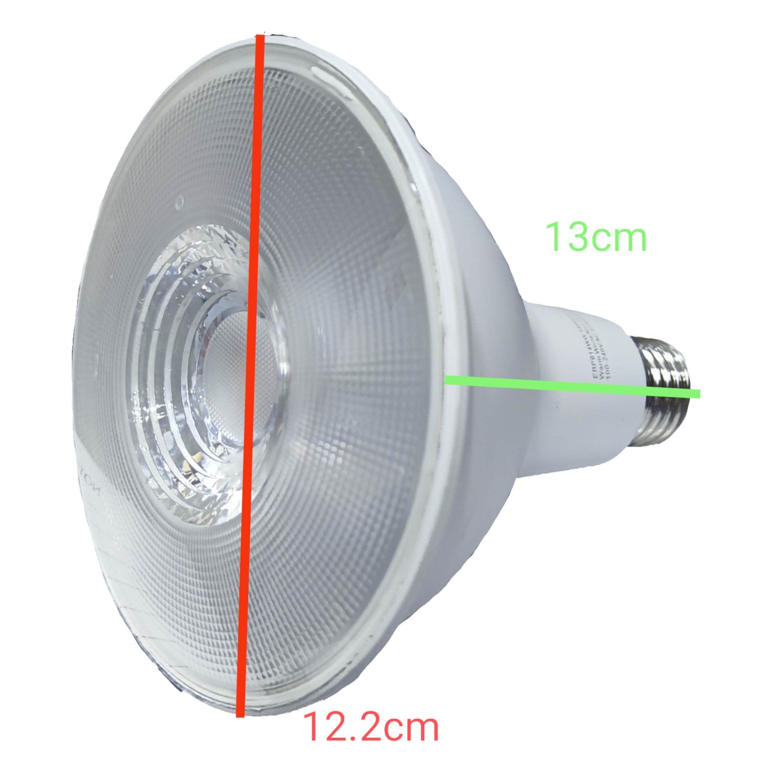 Light bulb with measurements indicated on a white background Firefly 14W LED PAR 38 E27 220V Available in Daylight (6500K) or Warm White (3000K) Electx Electrical SUpply