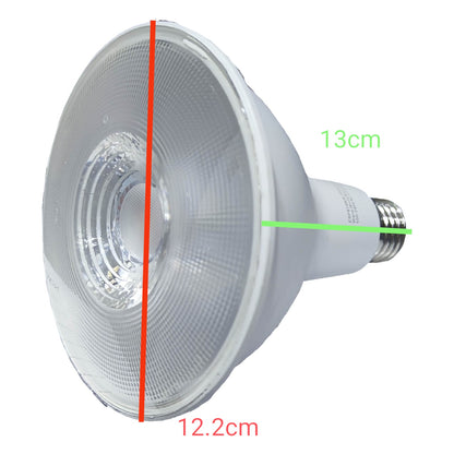 Light bulb with measurements indicated on a white background Firefly 14W LED PAR 38 E27 220V Available in Daylight (6500K) or Warm White (3000K) Electx Electrical SUpply