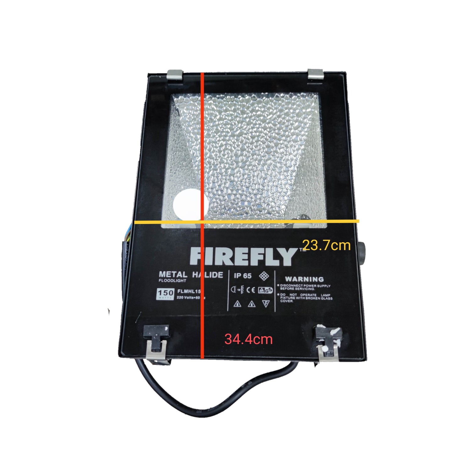 Firefly metal halide light fixture with dimensions on a white background
