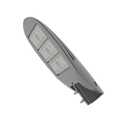 A modern LED street light fixture with a sleek, curved gray housing, three illuminated LED light panels, and a mounting base, shown on a plain white background.