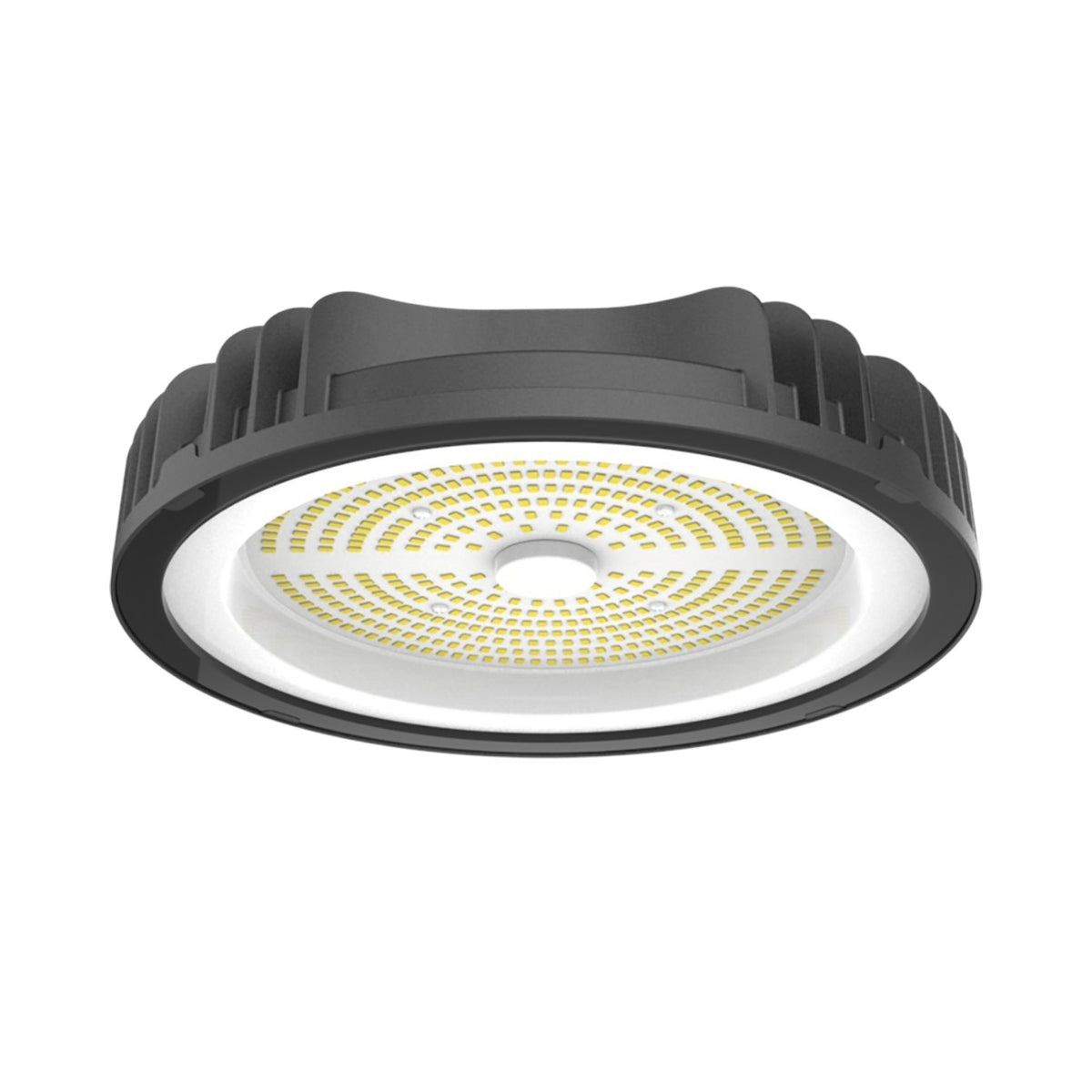 A circular LED light fixture with a black ribbed outer housing and a white inner reflector containing a ring of yellow LED chips, shown against a plain white background.