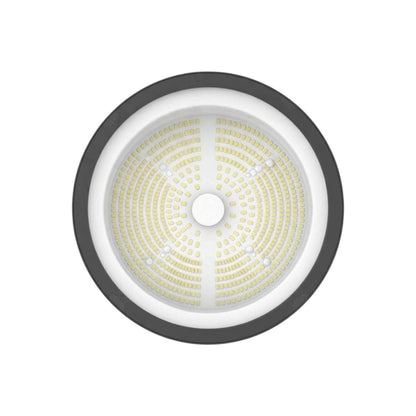 A circular high-bay LED floodlight with a dark gray outer frame and a white inner reflector housing numerous yellow-gold LED chips, shown against a plain white background.
