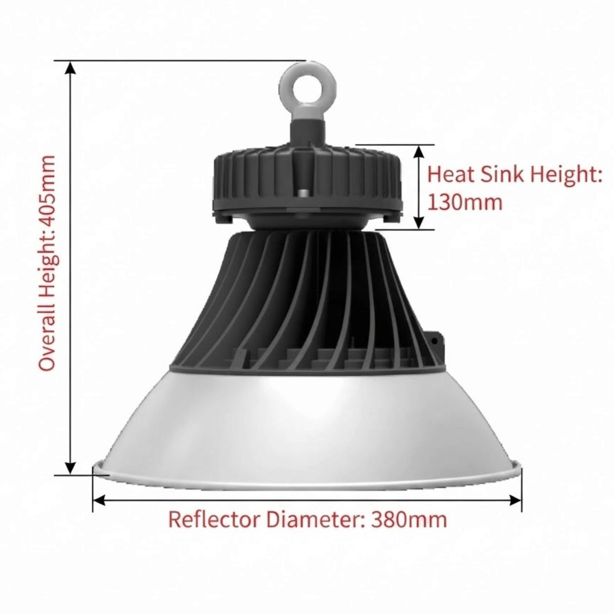 Technical dimension diagram of a high-bay industrial LED light fixture, showing overall height of 405mm, heat sink height of 130mm, and reflector diameter of 380mm on a white background.