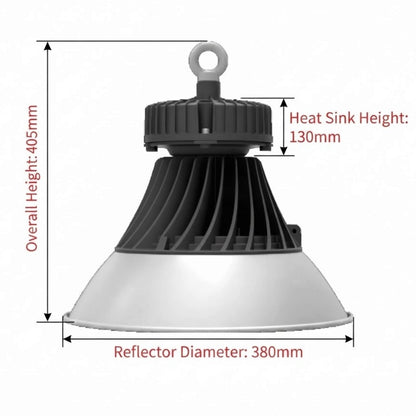 Technical dimension diagram of a high-bay industrial LED light fixture, showing overall height of 405mm, heat sink height of 130mm, and reflector diameter of 380mm on a white background.