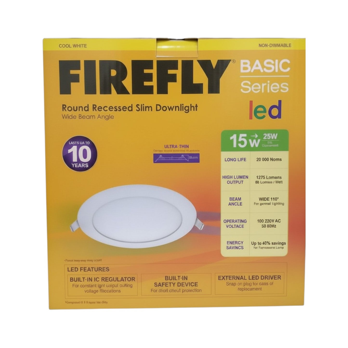 Firefly Basic Series LED round recessed slim downlight packaging on a white background