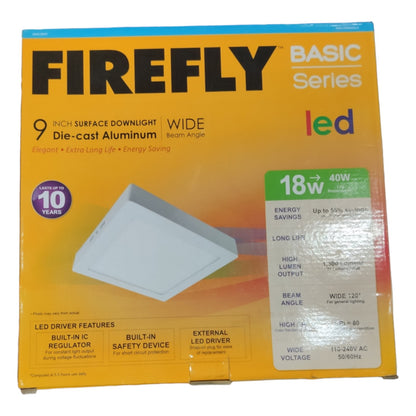 Firefly LED surface downlight packaging with yellow background