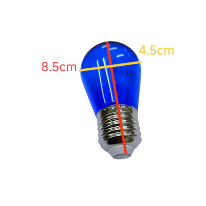 Blue light bulb with measurements on a white background
