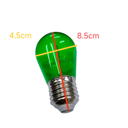 Green LED light bulb with measurements on a white background