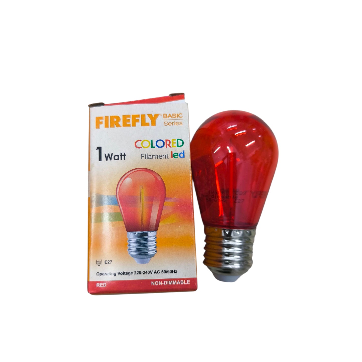 Red colored LED bulb with packaging labeled 'Firefly' on a white background