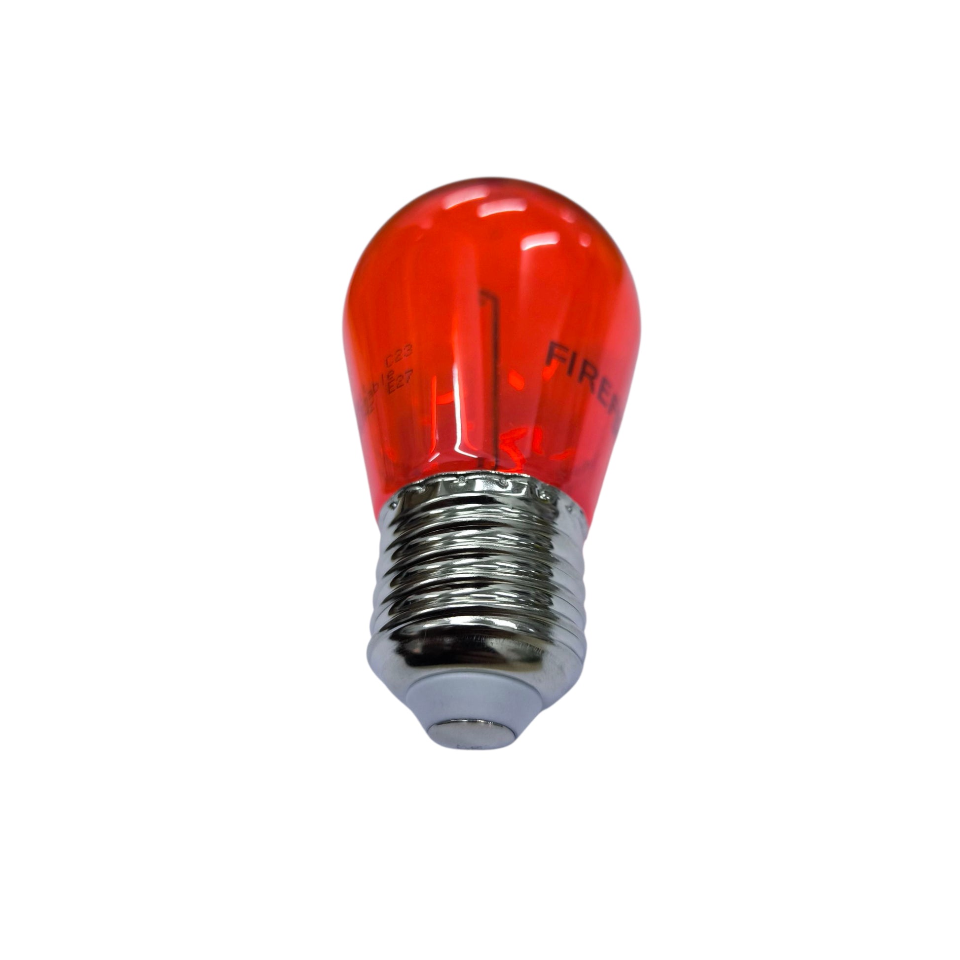 Red light bulb with silver base on a white background