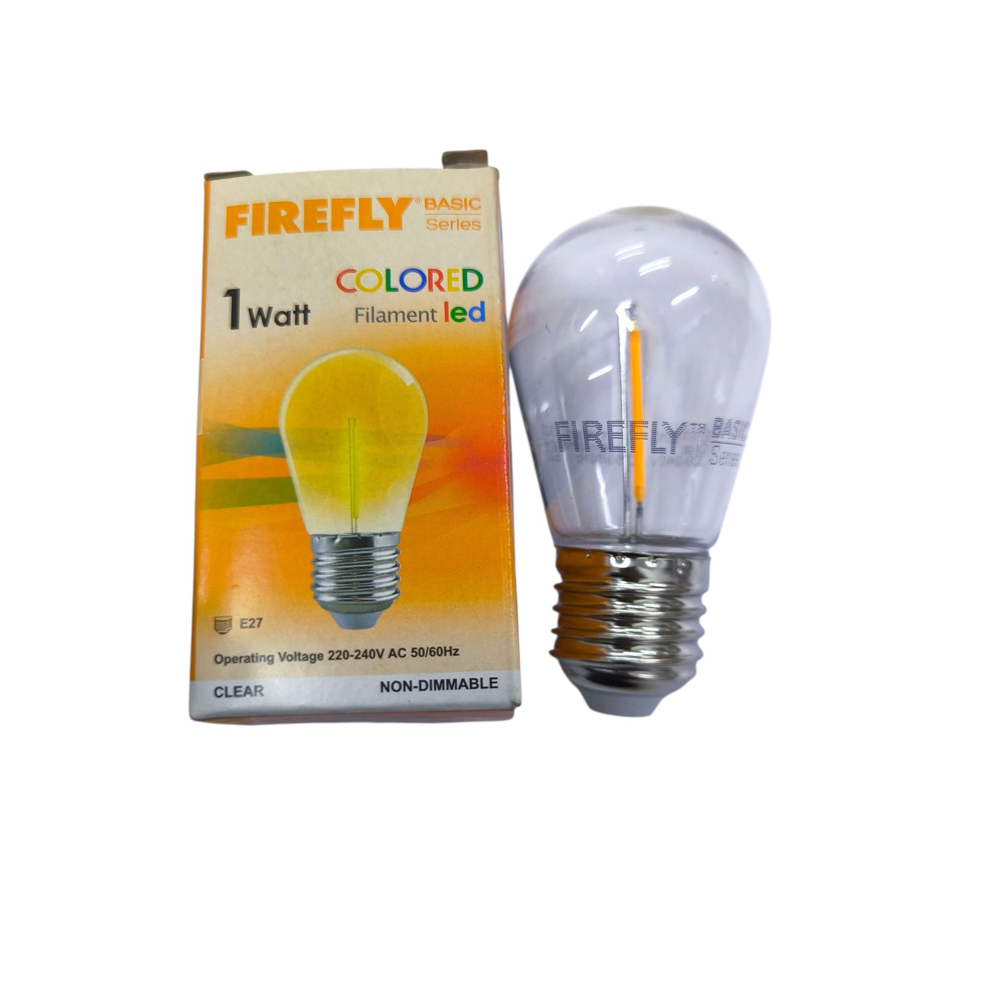 Firefly colored filament LED bulb and packaging on a white background