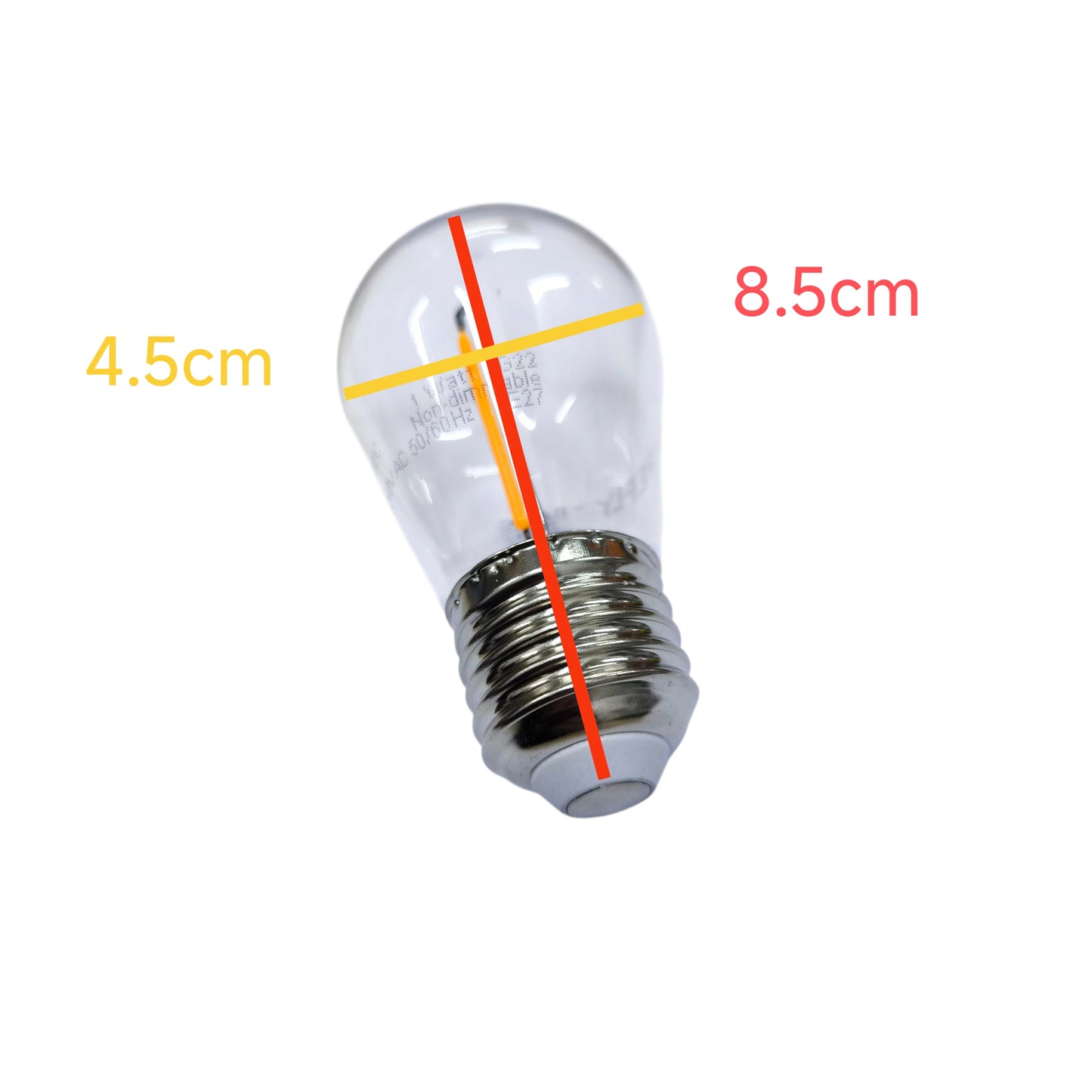 Clear light bulb with measurements on a white background
