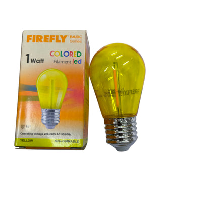 Yellow LED bulb with packaging labeled 'Firefly' on a white background