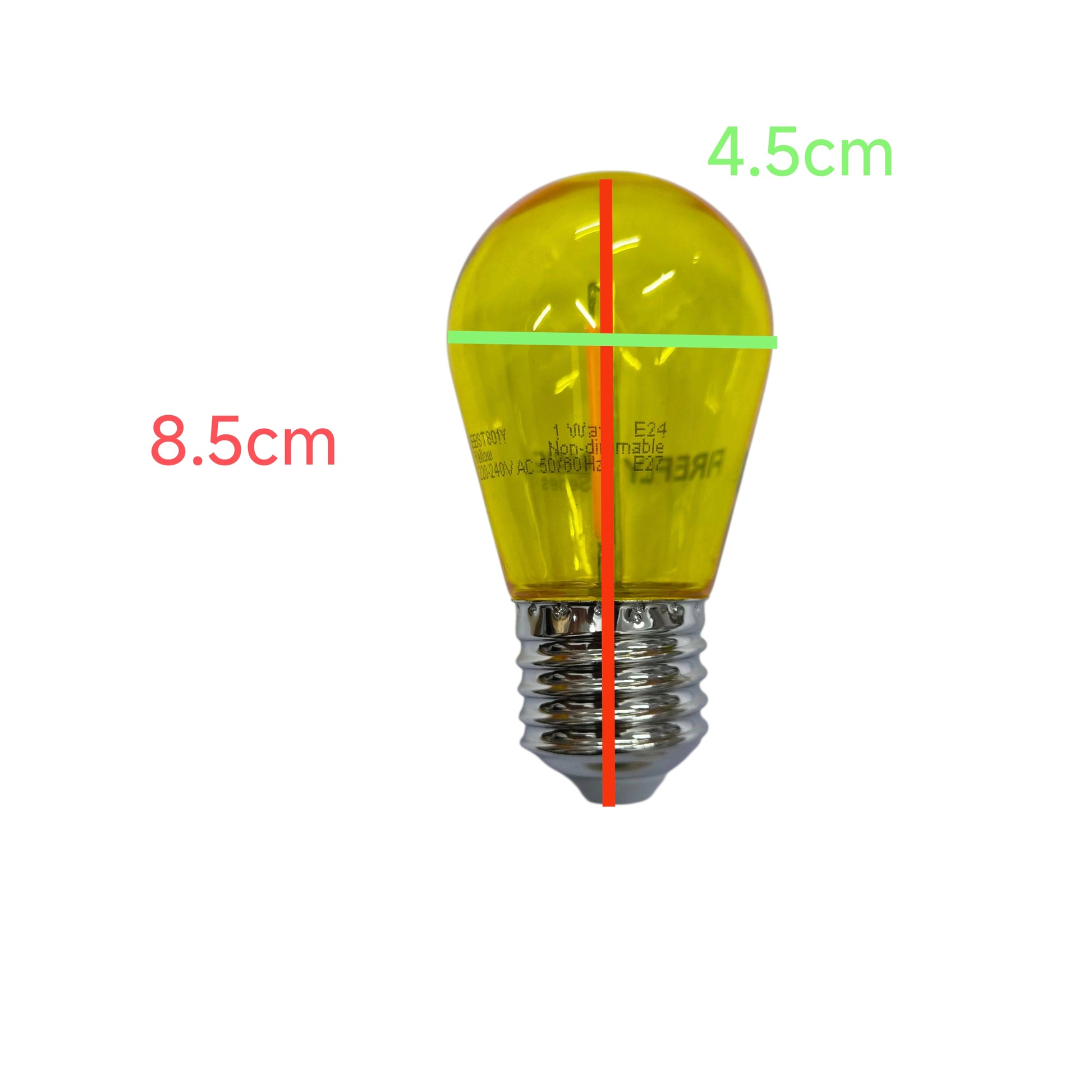 Yellow light bulb with measurements on a white background