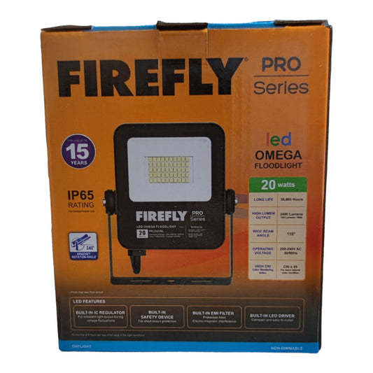 Firefly Pro Series LED Omega Floodlight packaging on an orange background