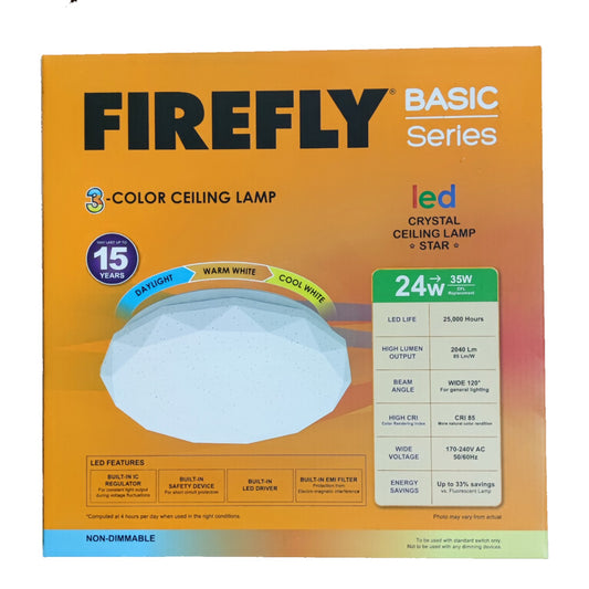 Firefly Basic Series 3-color ceiling lamp packaging with product details on an orange background