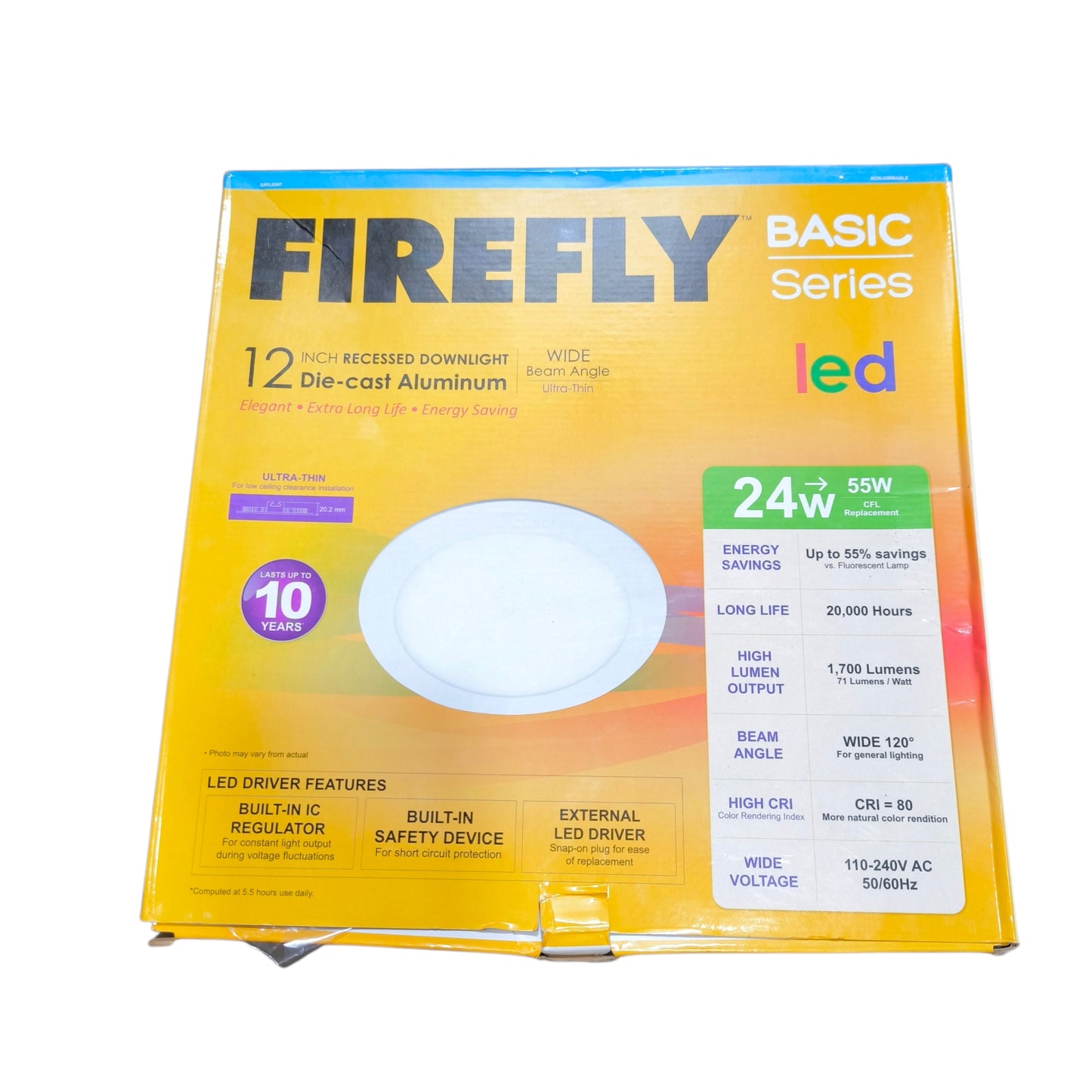 Firefly Basic Series LED recessed downlight packaging on a white background