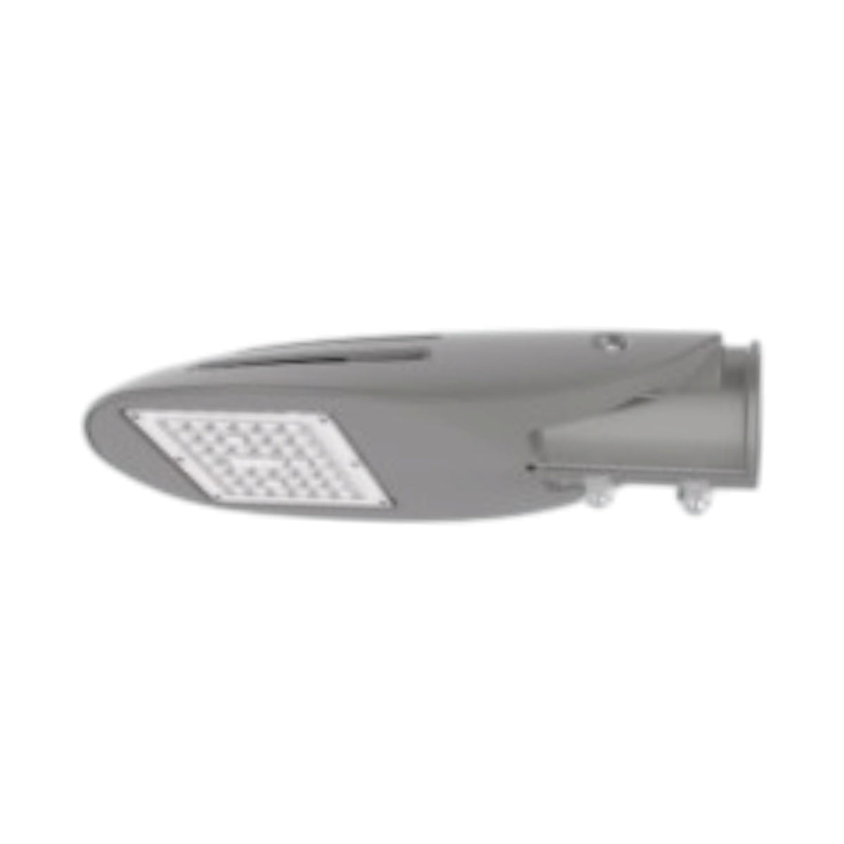 A modern gray LED street light fixture with a curved housing and a grid of small LED lenses on the front, shown against a plain white background.
