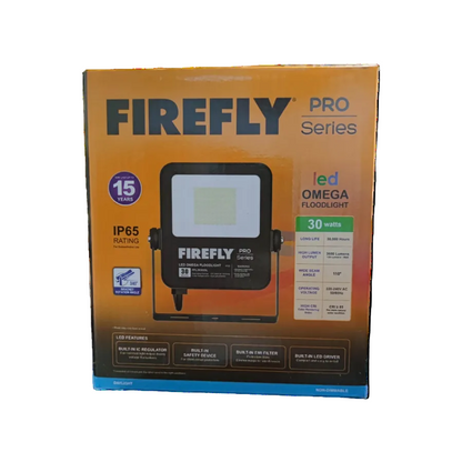 Firefly 30W LED floodlight in packaging showcasing features and specs for outdoor lighting