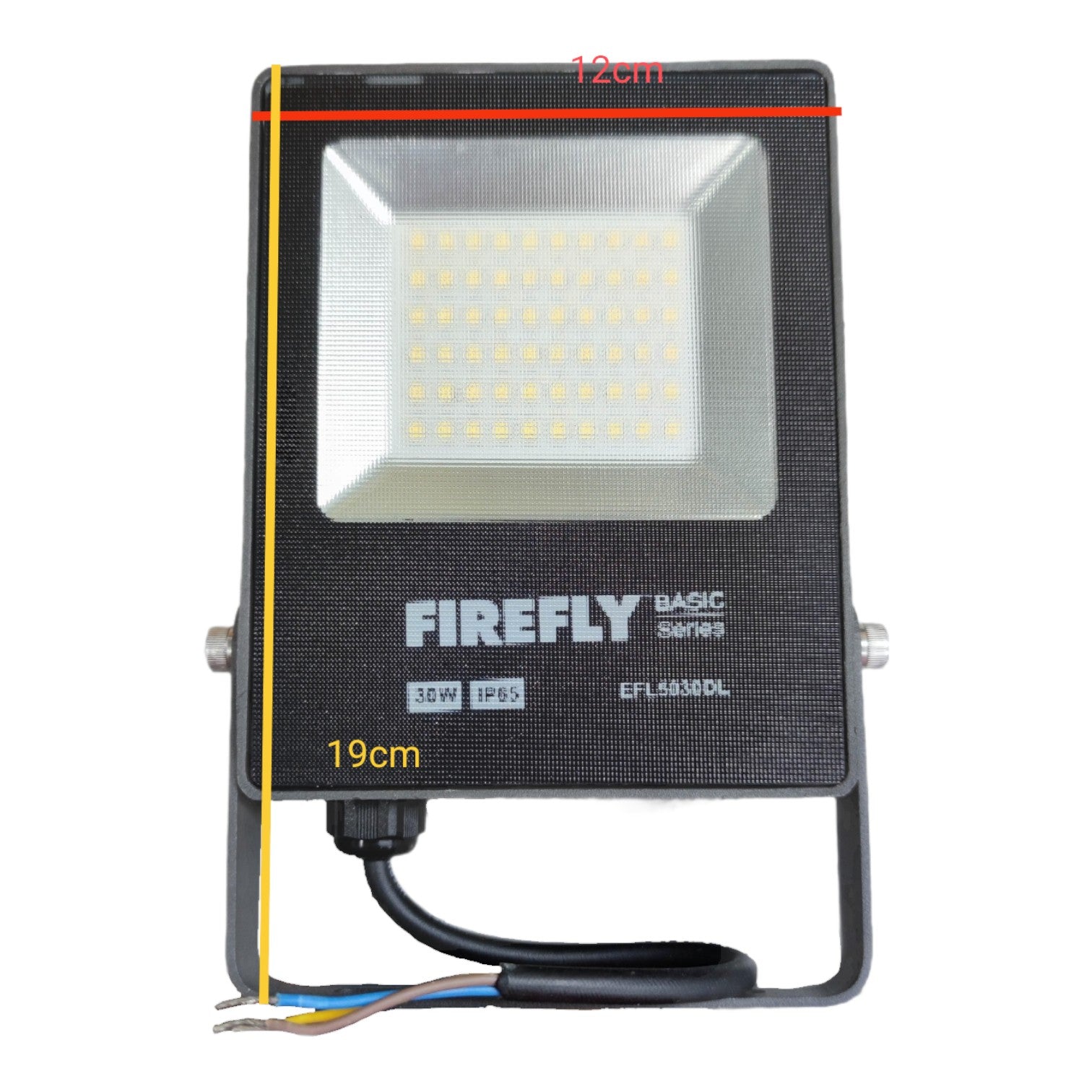 LED flood light with dimensions labeled on a white background