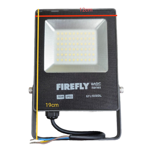 LED flood light with dimensions labeled on a white background