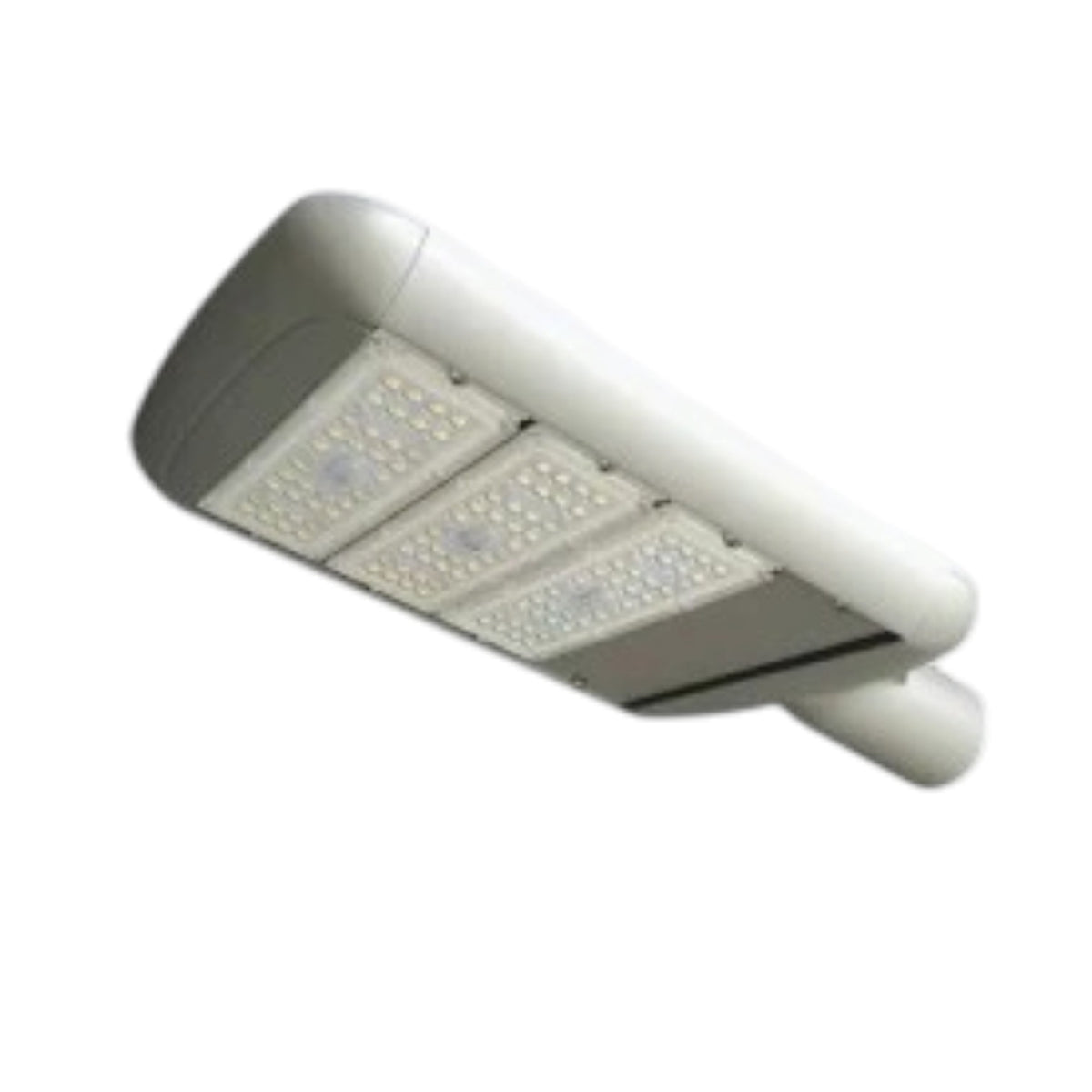 A modern solar street light fixture with a white housing and integrated LED panels, shown at an angle on a plain white background.