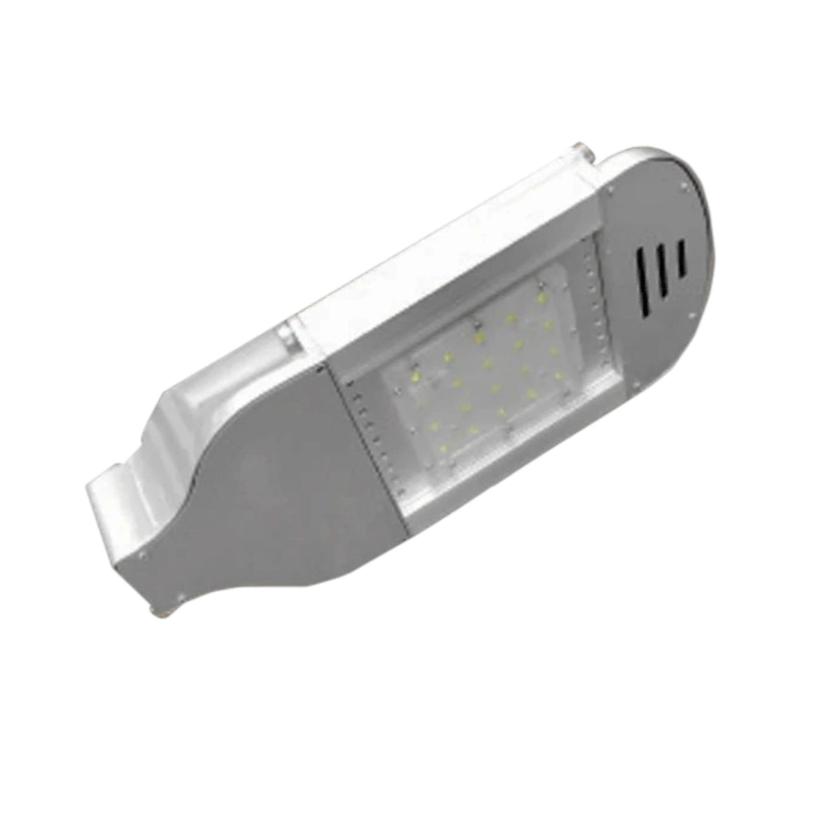 A modern LED street light fixture with a silver aluminum housing, clear protective lens, and visible internal LED chips, shown on a plain white background.