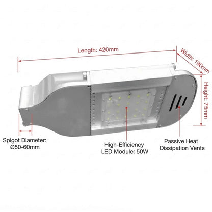 A technical dimension diagram of a silver LED street light fixture, showing measurements for length, width, height, and spigot diameter with labels on a white background.