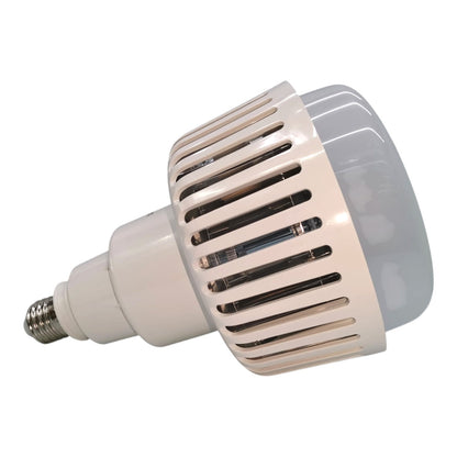 A high-bay LED light bulb with a ribbed white plastic heat sink and a silver E14 screw base, shown on a plain white background.