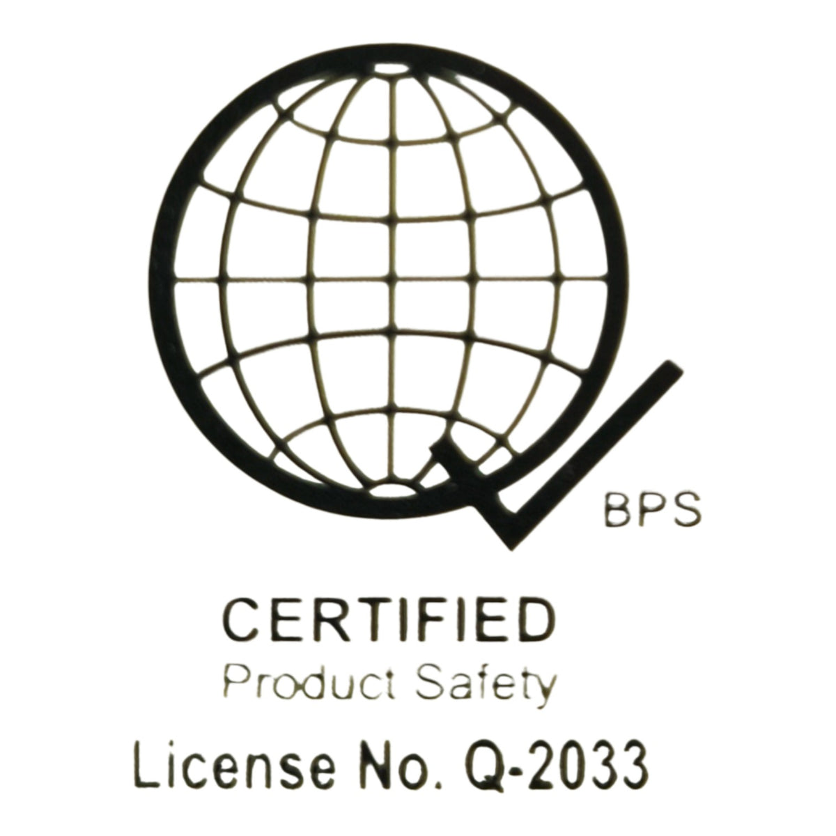 A black certification logo featuring a globe and checkmark with the text 'CERTIFIED Product Safety' and 'License No. Q-2033' on a white background.
