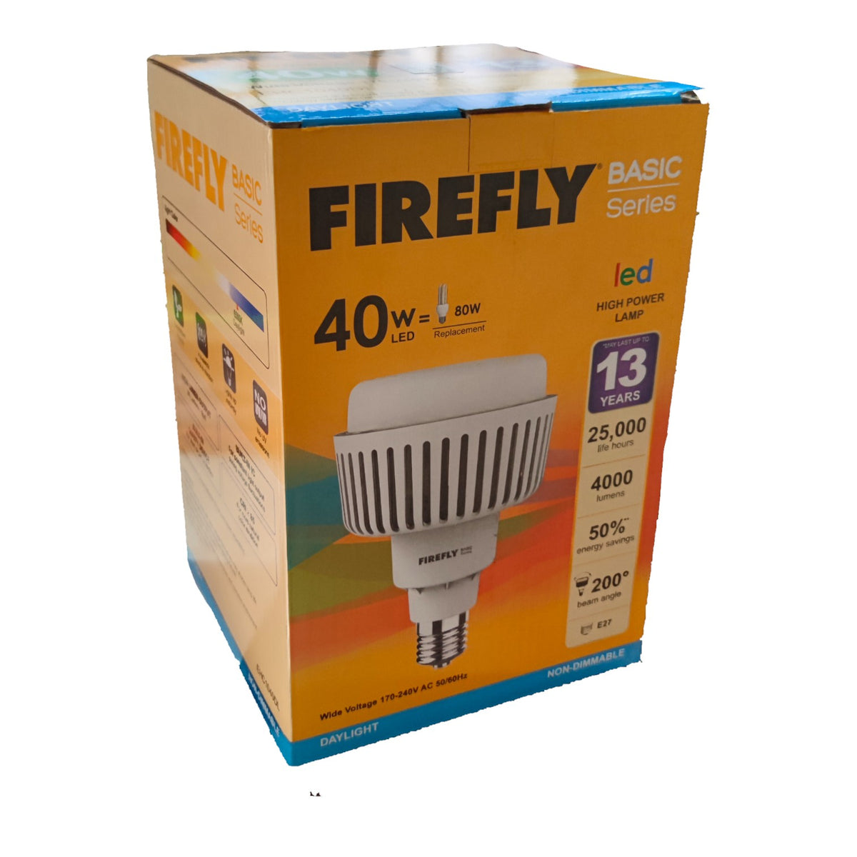 A boxed Firefly Basic Series LED bulb package on a plain white background. The box is predominantly orange with blue accents and shows a printed image of the bulb, along with product claims such as 40W, 13-year lifespan, and 200° CRI.