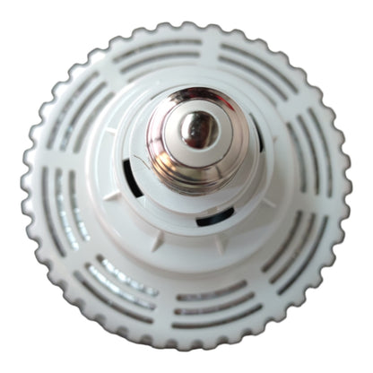 A white plastic ceiling fan blade with a metallic silver central hub, shown against a plain white background.