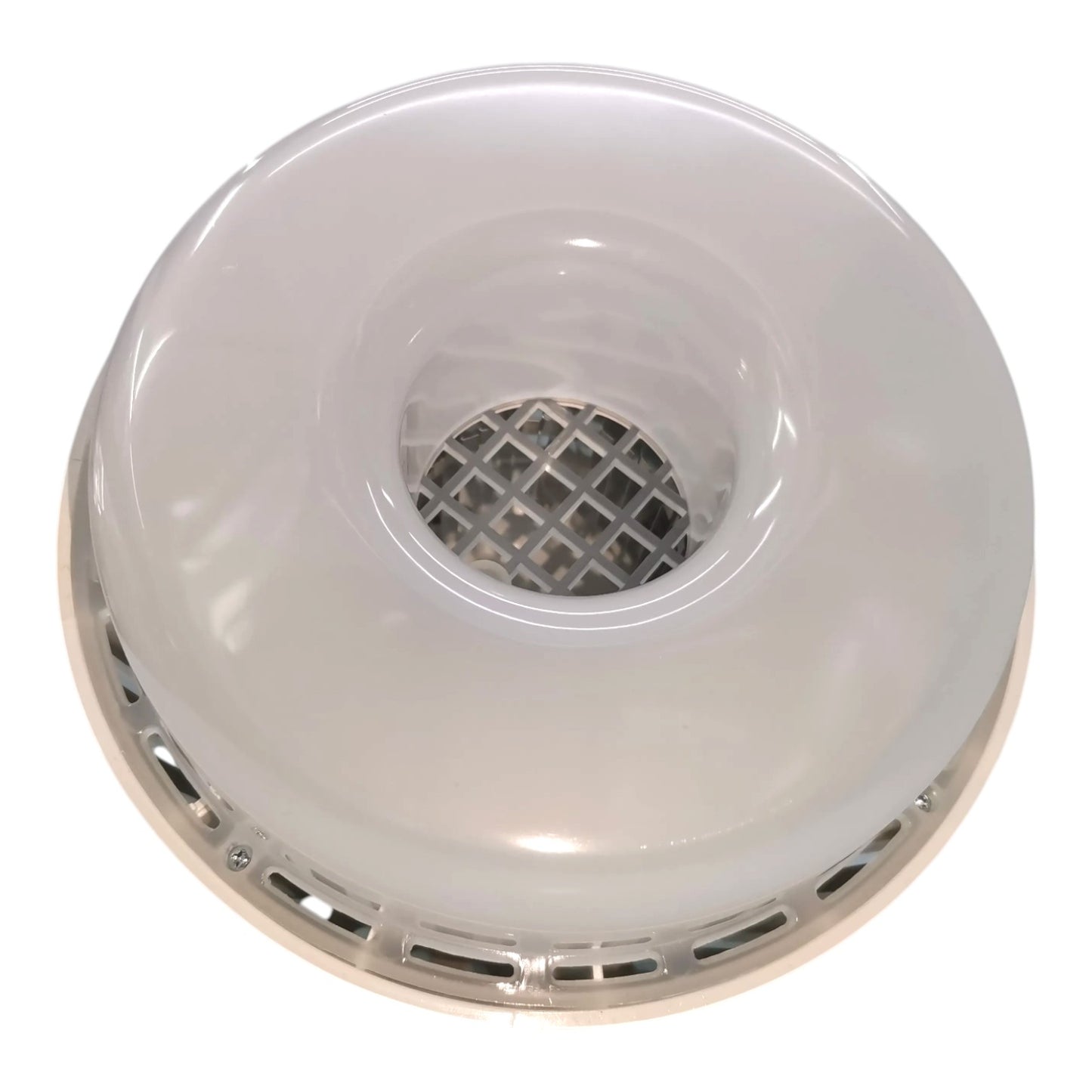 A circular white plastic vent or air duct cover with a central mesh filter and a silver metal rim, shown against a plain white background.