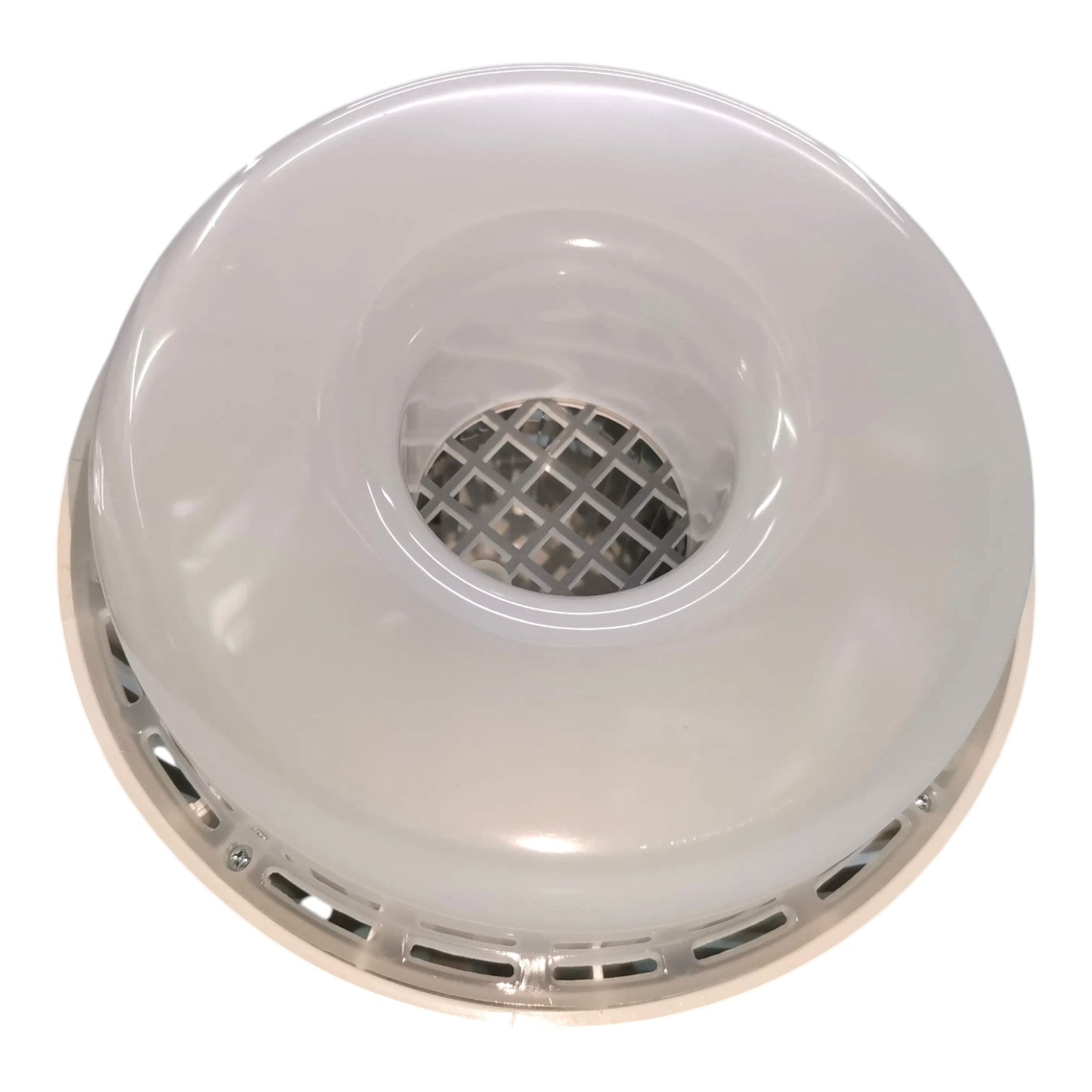 A circular white plastic vent or air duct cover with a central mesh filter and a silver metal rim, shown against a plain white background.