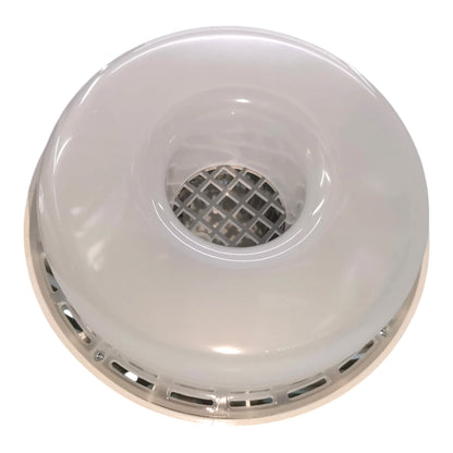 A circular white plastic vent or air duct cover with a central mesh filter and a silver metal rim, shown against a plain white background.