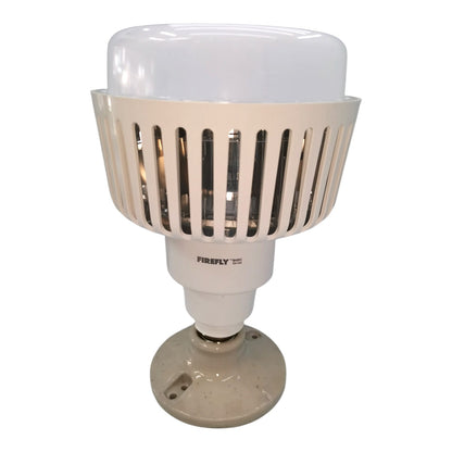A firefly brand outdoor LED light with a white frosted dome, a beige plastic slotted shade, and a beige metal base, shown against a plain white background.