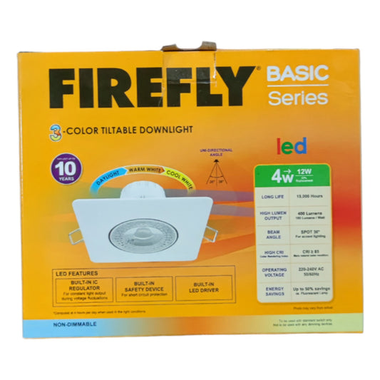 Firefly Basic Series LED downlight packaging on a white background