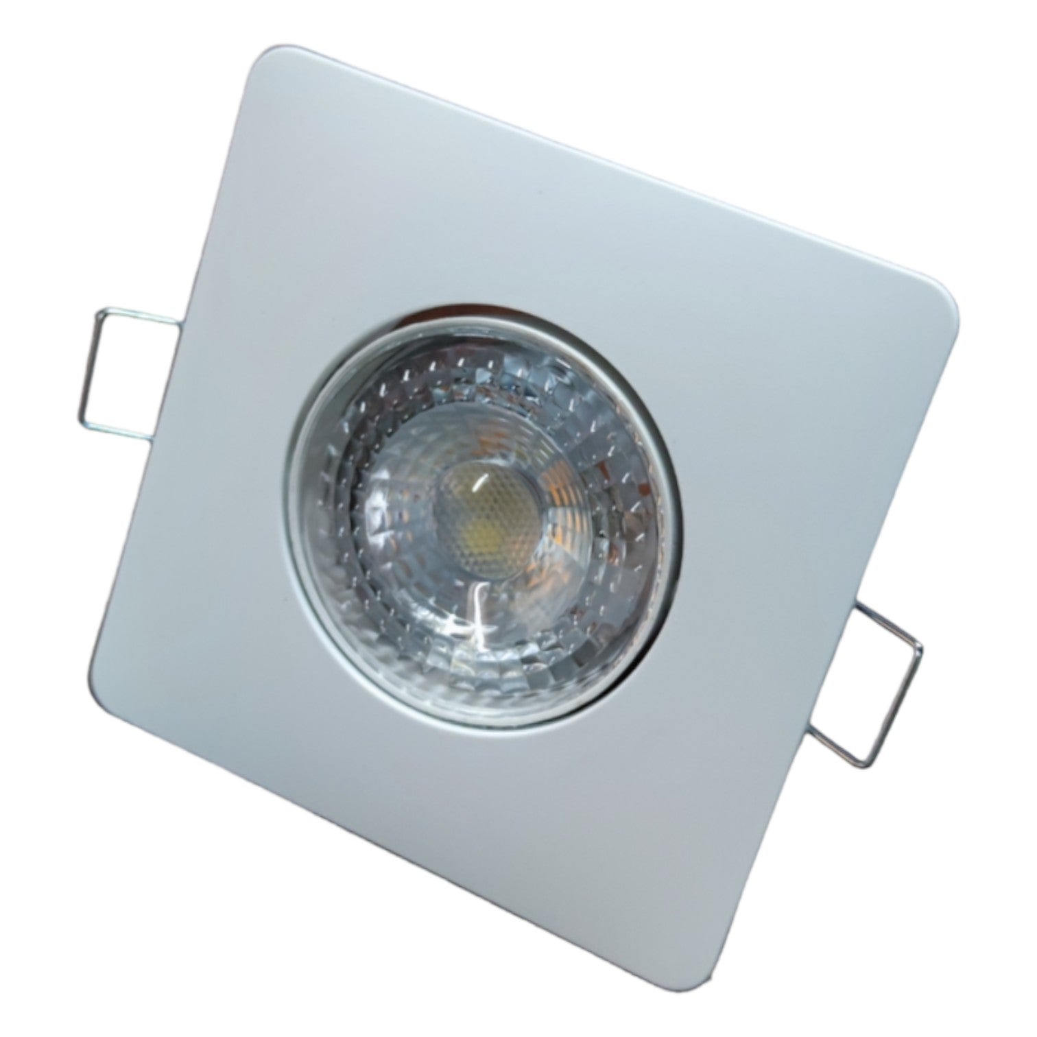 Square recessed ceiling light with a silver frame on a white background