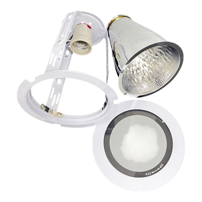 Light fixture with a white base and silver reflector on a white background