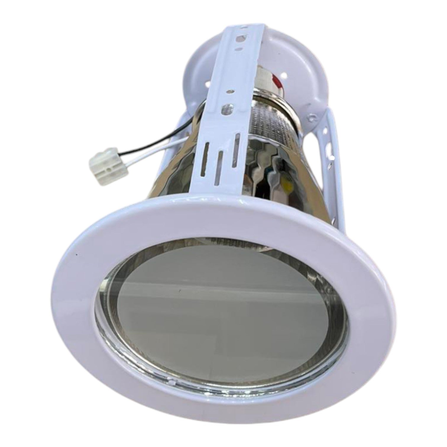 Round recessed ceiling light with white frame on a white background