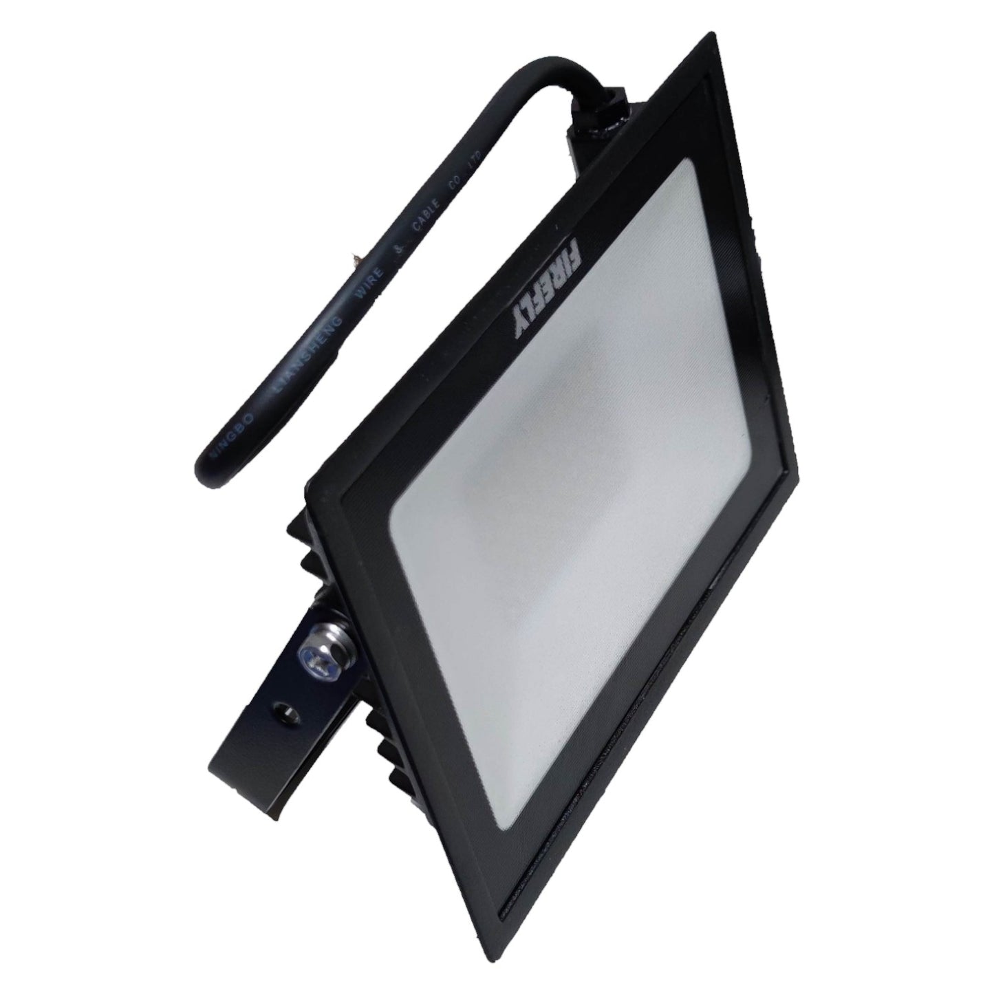 Black flood light with a white reflector on a white background