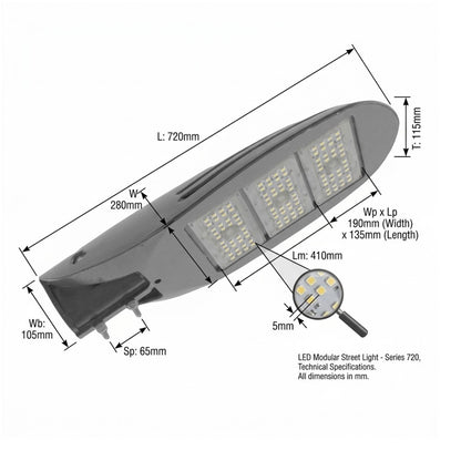 Technical dimension diagram of a modern LED modular street light, showing measurements for length (L), width (Wp), height (T), and other specifications with a magnified inset of the LED array.