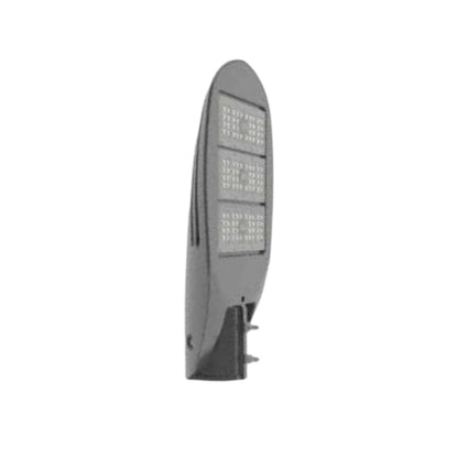 A modern outdoor LED street light fixture with a sleek, curved dark gray housing and multiple rows of LED chips on the front face, isolated on a white background.