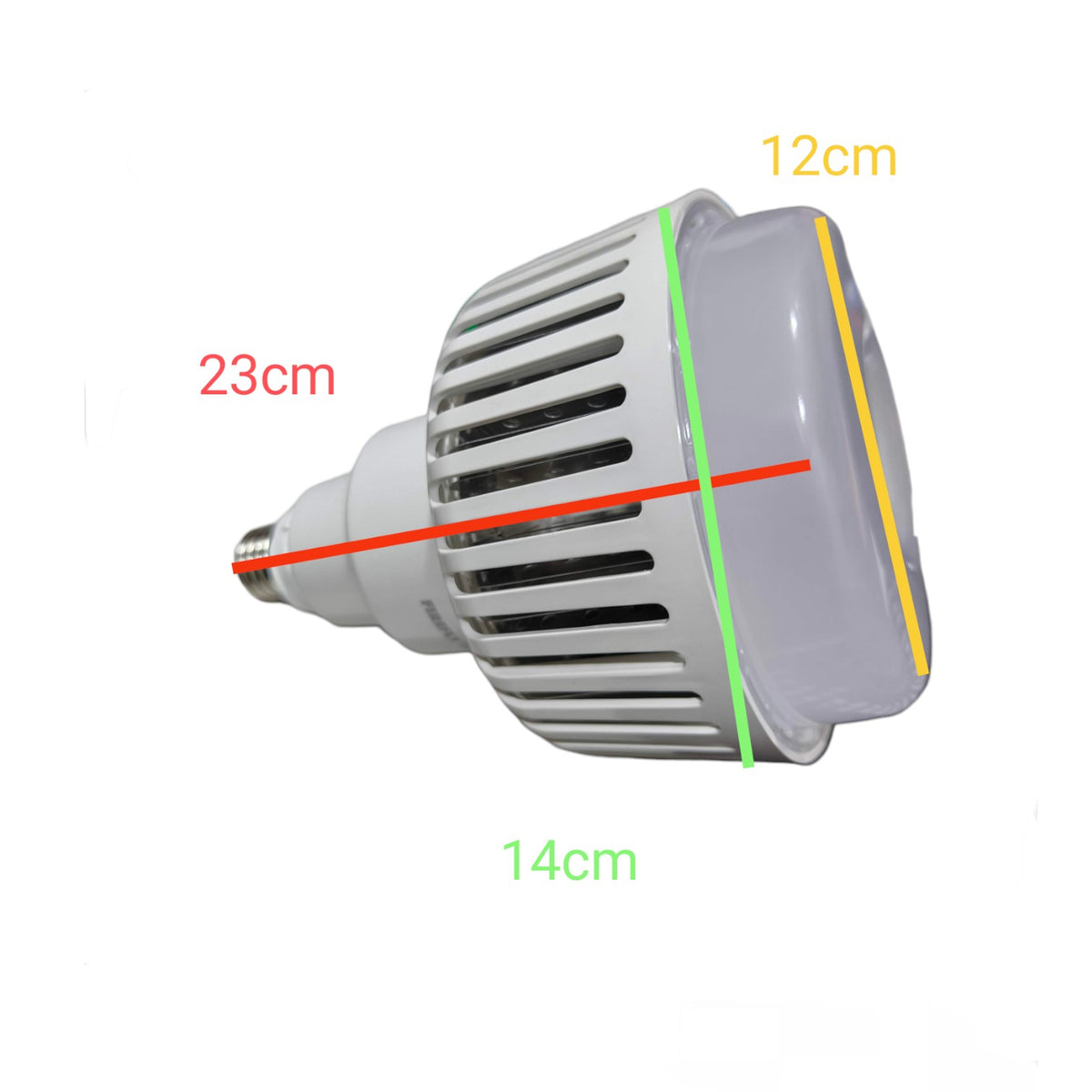 A white LED light bulb with dimension annotations showing a height of 12cm, a width of 14cm, and a length of 23cm, on a plain white background.